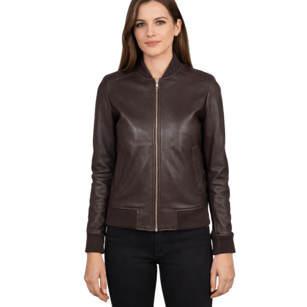 Women's Maroon Leather Bomber Jacket - Klara
