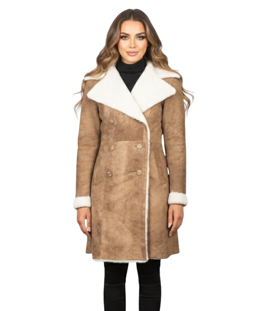 Amie Distressed Brown Double Breasted Shearling Coat