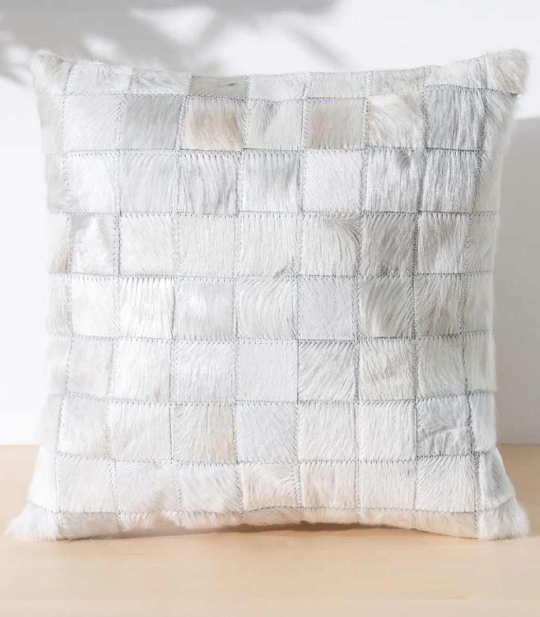 1 White Tricolor Cowhide Patchwork Pillow - Image 1