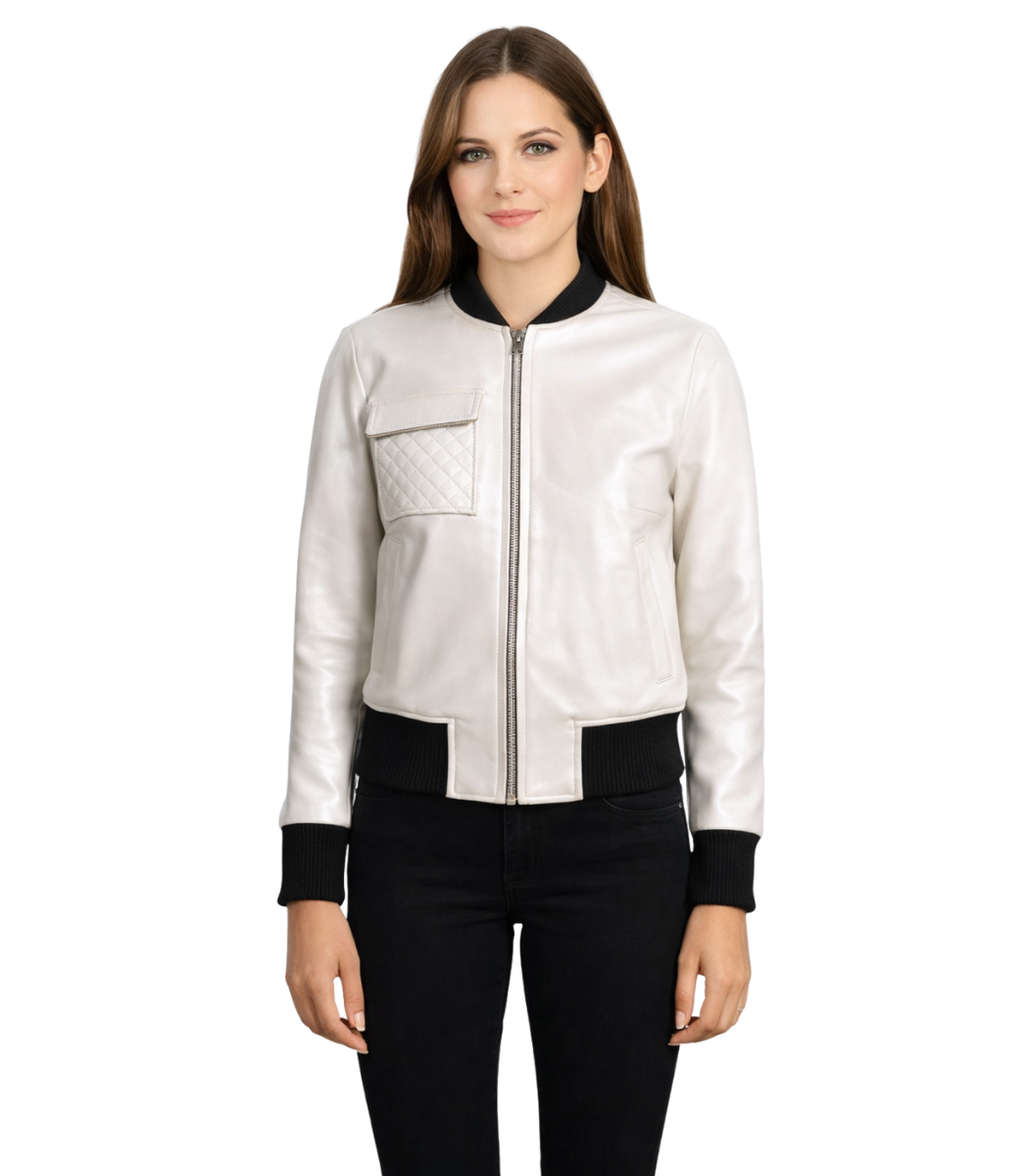 1 Women's Silver Leather Bomber Jacket – Tove - Image 1