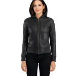 Luna Black Hooded Leather Bomber Jacket