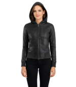 Luna Black Hooded Leather Bomber Jacket