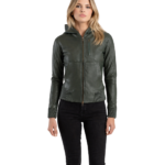 Luna Green Hooded Leather Bomber Jacket