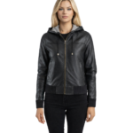 Rebella Black Hooded Leather Bomber Jacket