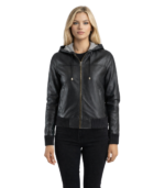 Rebella Black Hooded Leather Bomber Jacket