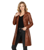 Bryson Womens Cognac Brown Leather Car Coat