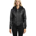 Roslyn Black Hooded Leather Bomber Jacket