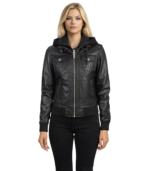 Roslyn Black Hooded Leather Bomber Jacket