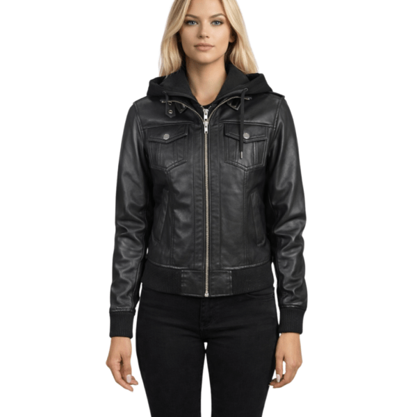 Women's Black Hooded Leather Bomber Jacket - Frida