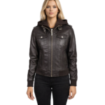Roslyn Brown Hooded Leather Bomber Jacket