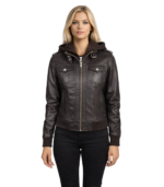 Roslyn Brown Hooded Leather Bomber Jacket