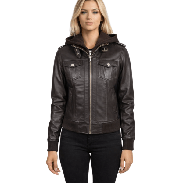 Women's Brown Hooded Leather Bomber Jacket - Frida