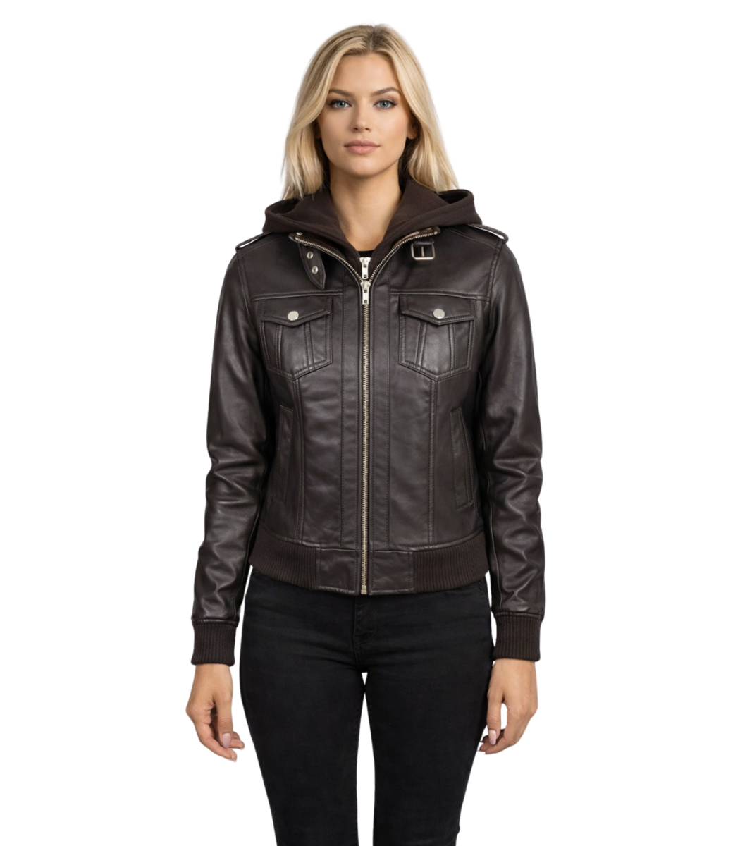 1 Roslyn Brown Hooded Leather Bomber Jacket - Image 1