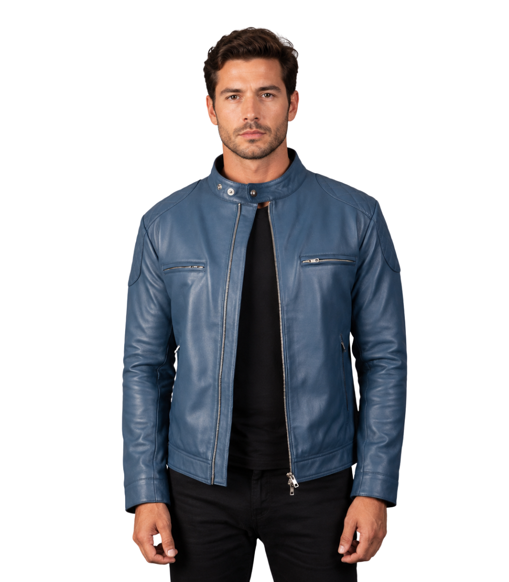 1 Gatsby Blue Leather Biker Jacket - Image 1