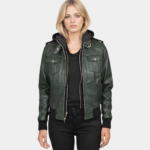 Roslyn Green Hooded Leather Bomber Jacket