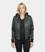 Roslyn Green Hooded Leather Bomber Jacket