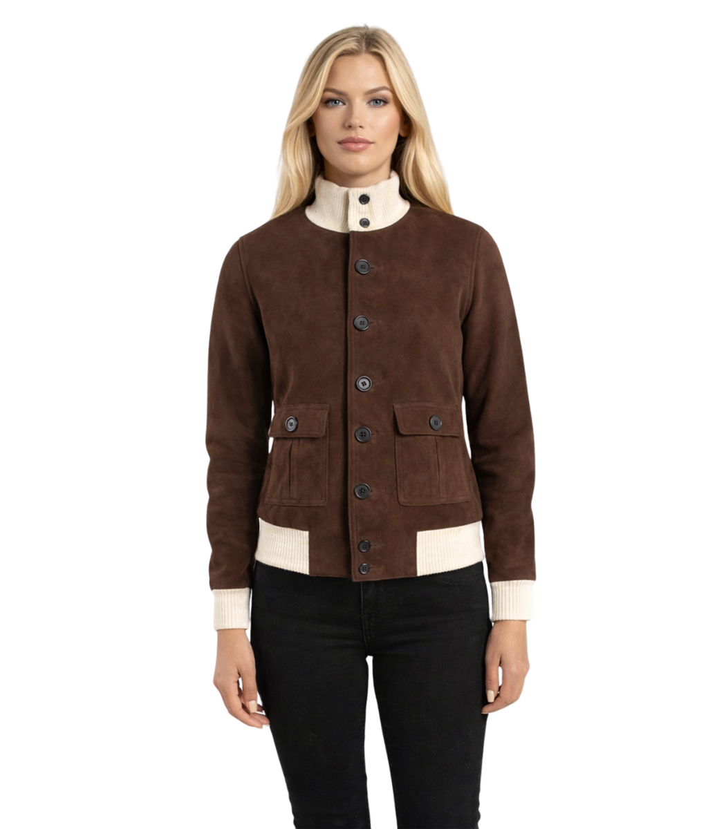 1 Sasha A1 Mocha Suede Bomber Jacket - Image 1