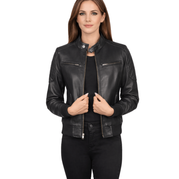 Women's Black Leather Bomber Jacket - Yrsa