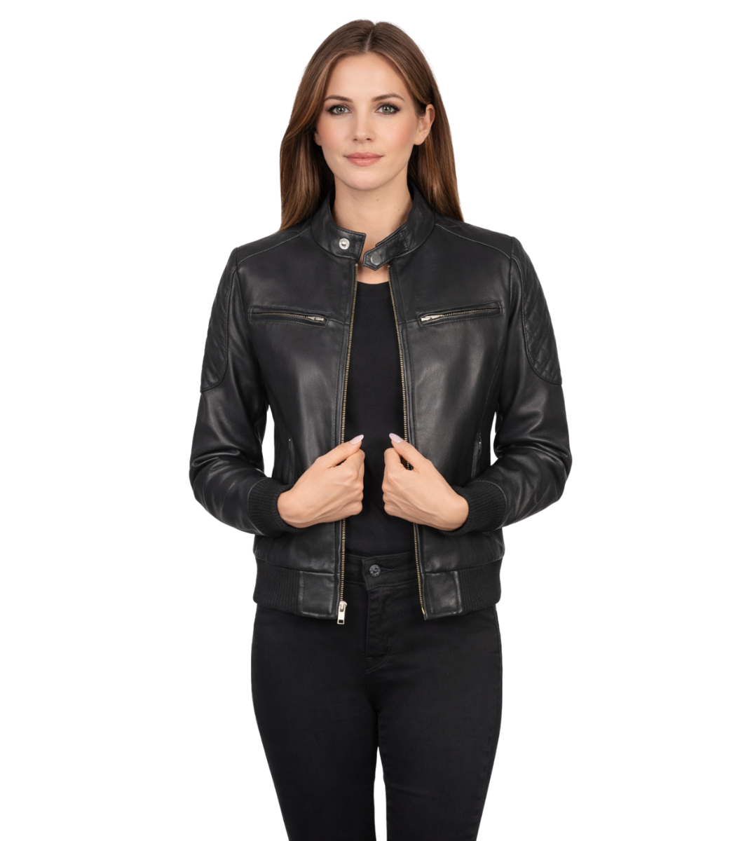 1 Women's Black Leather Bomber Jacket – Yrsa - Image 1