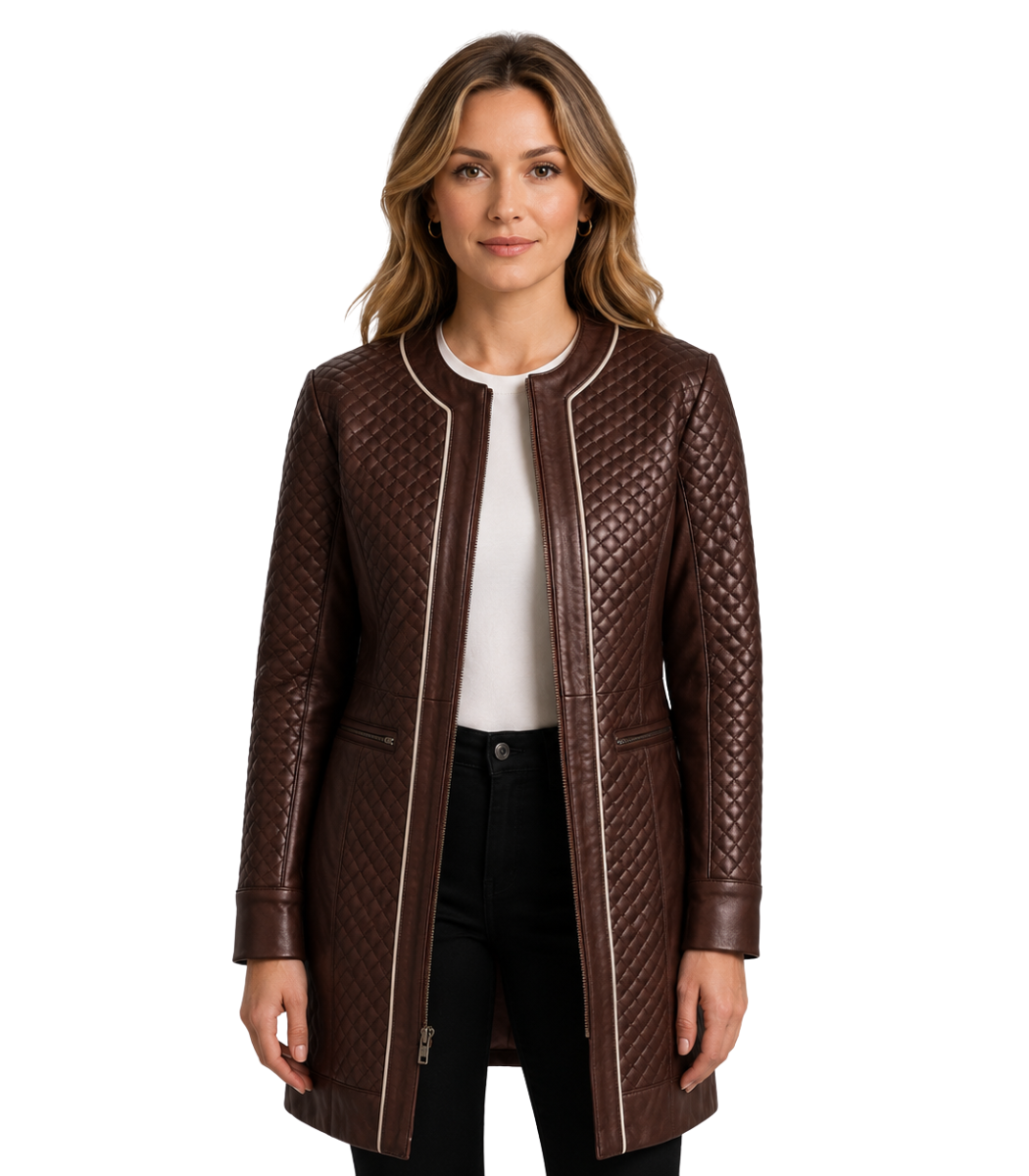 Evelyn Quilted Maroon Leather Coat Evelyn Quilted Maroon Leather Coat