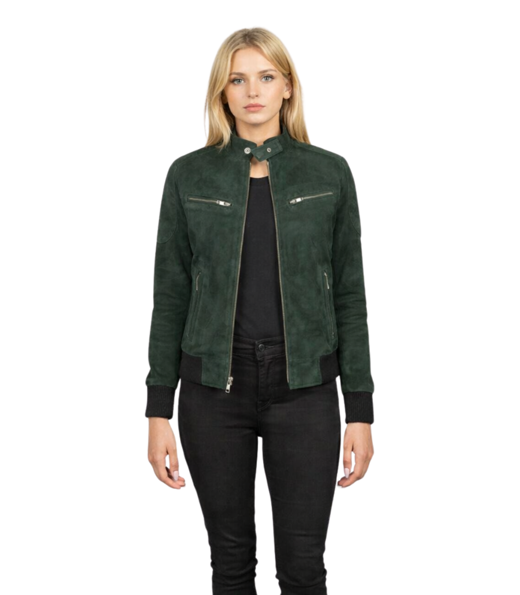 1 Women's Green Suede Bomber Jacket – Yrsa - Image 1