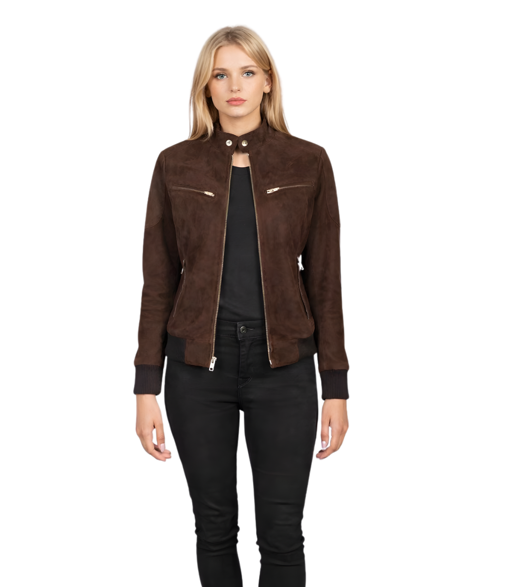 1 Zenna Mocha Suede Bomber Jacket - Image 1