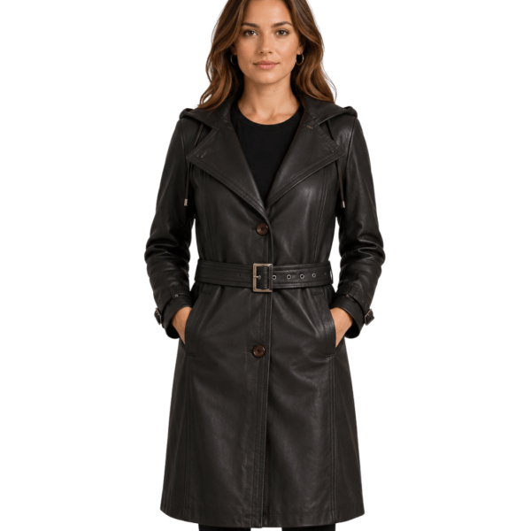 Women's Hooded Brown Leather Trench Coat - Tiril