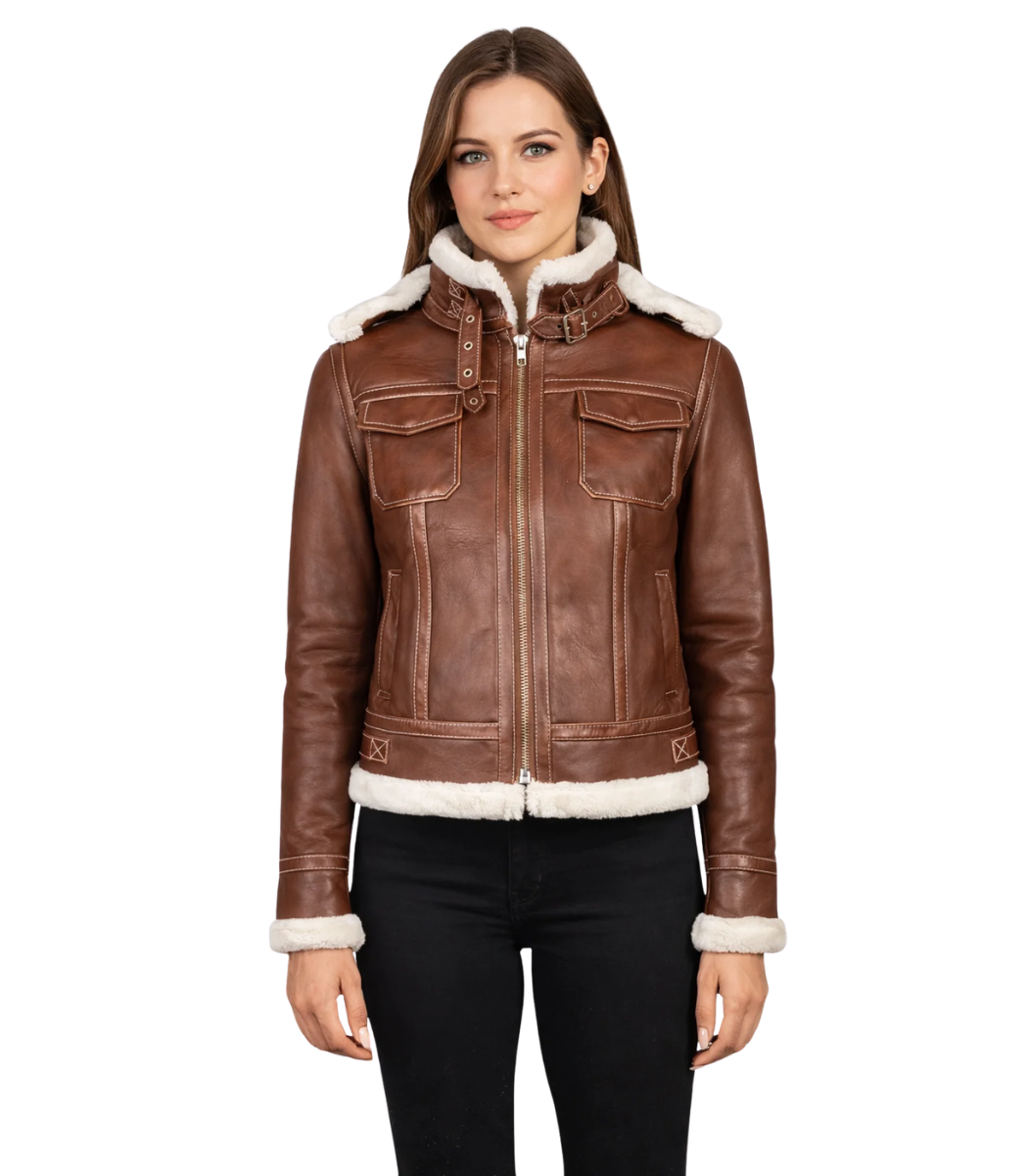 1 Fiona Brown Hooded Shearling Leather Jacket - Image 1
