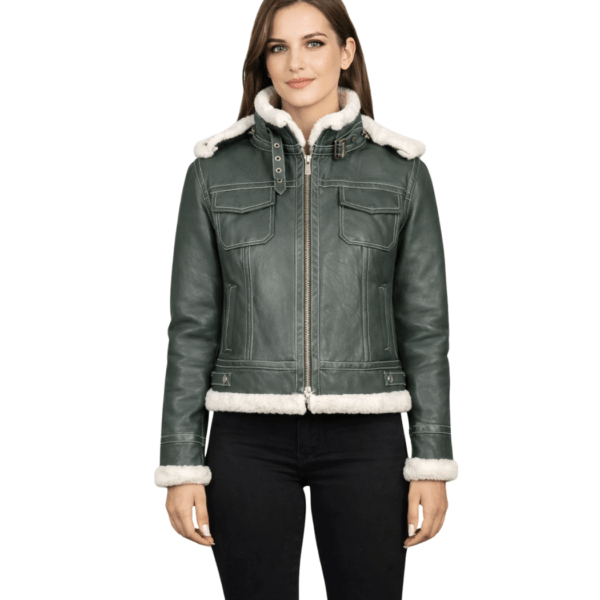 Women's Green Hooded Shearling Leather Jacket - Ronja