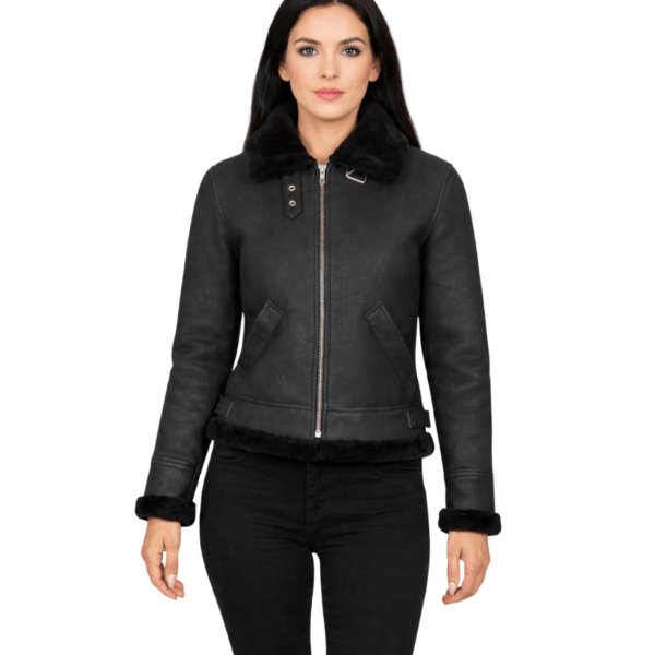 Women's B-3 Distressed Black Shearling Leather Bomber Jacket - Astrid