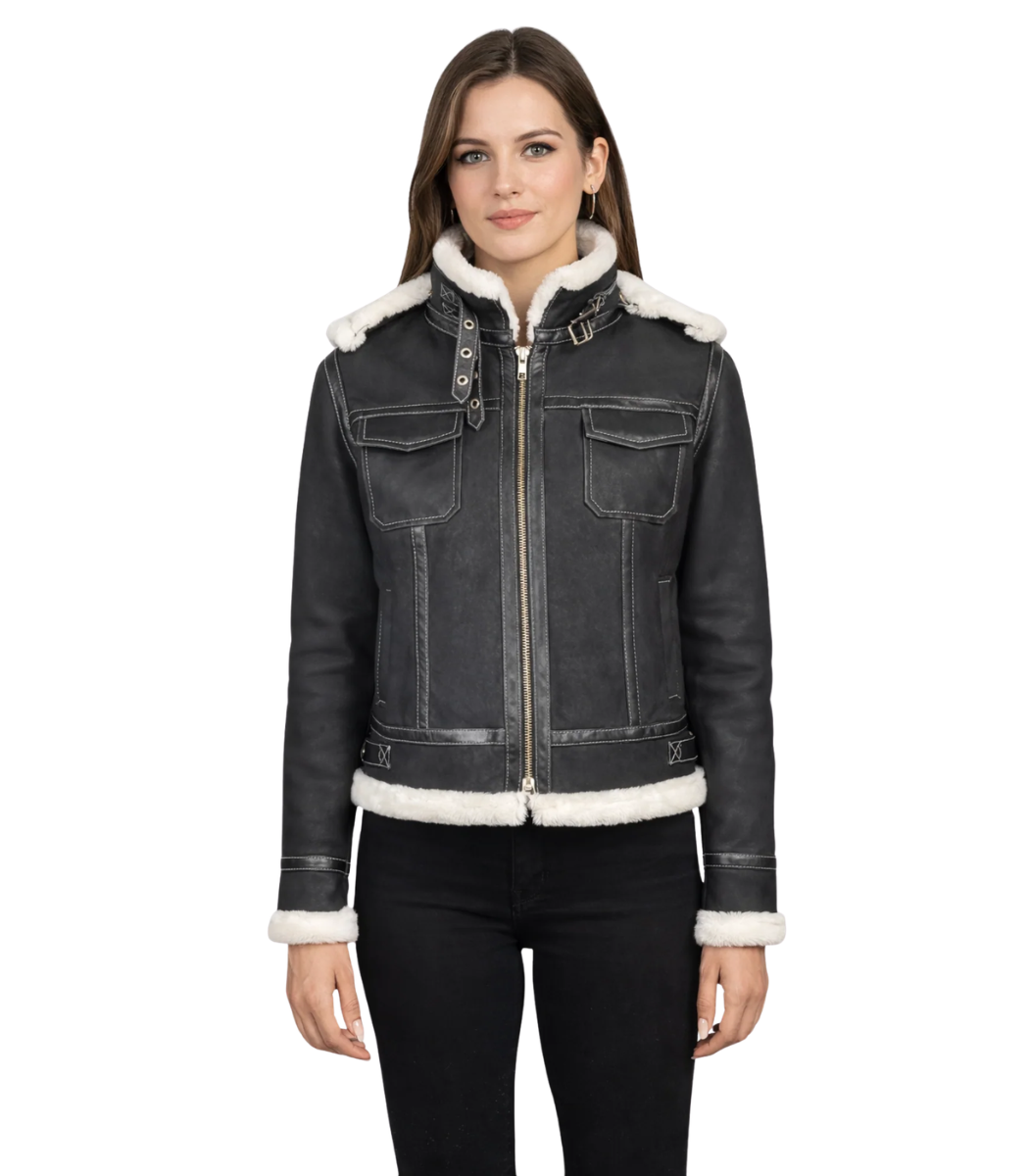 1 Fiona Black Hooded Shearling Leather Jacket - Image 1