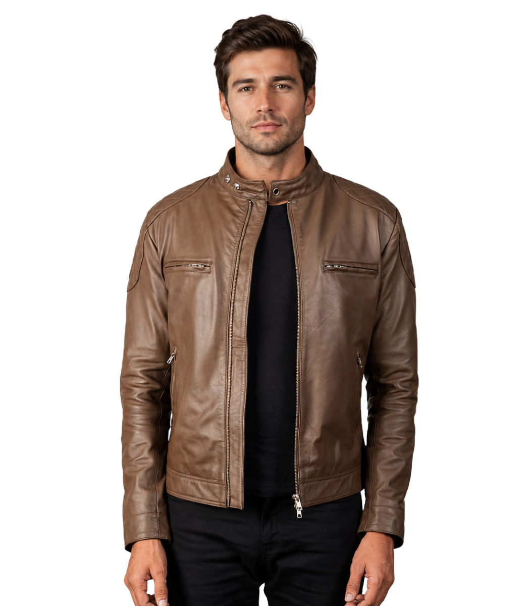 1 Gatsby Mocha Leather Biker Jacket - Image 1