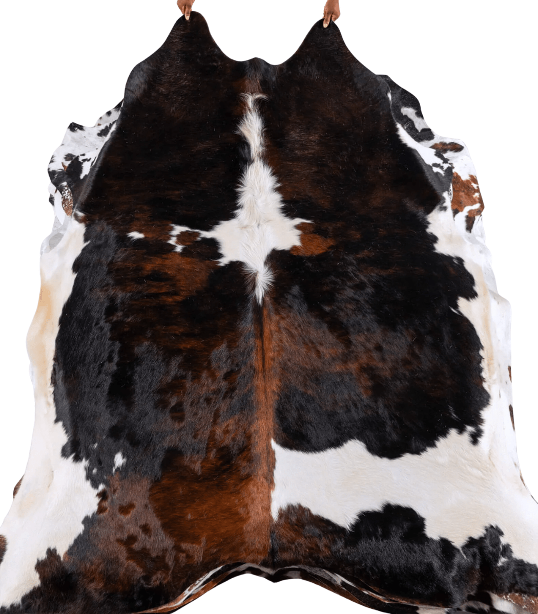 1 Dark Tricolor Cowhide Rug Size 8'1 L x 7'9 W 6296 - Image 1
