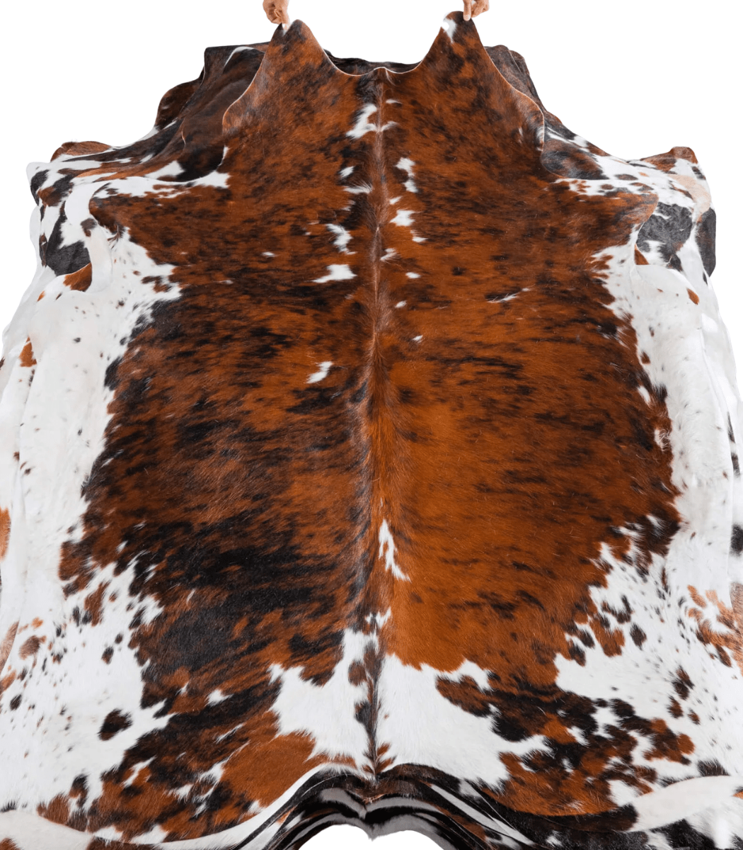 1 Tricolor Brindle Mix Cowhide Rug Size 6'8 L x 6'4 W 8256 - Image 1