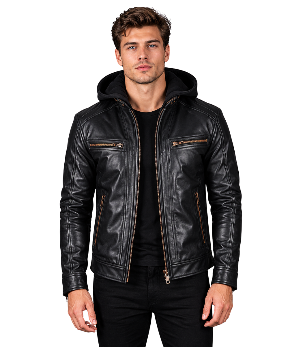 1 Hector Black Hooded Leather Biker Jacket - Image 1