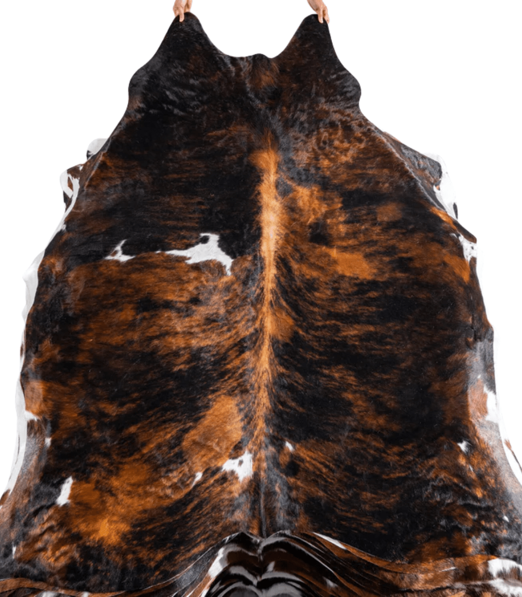 1 Tricolor Brindle Mix Cowhide Rug Size 7'4 L x 6'10 W 8166 - Image 1