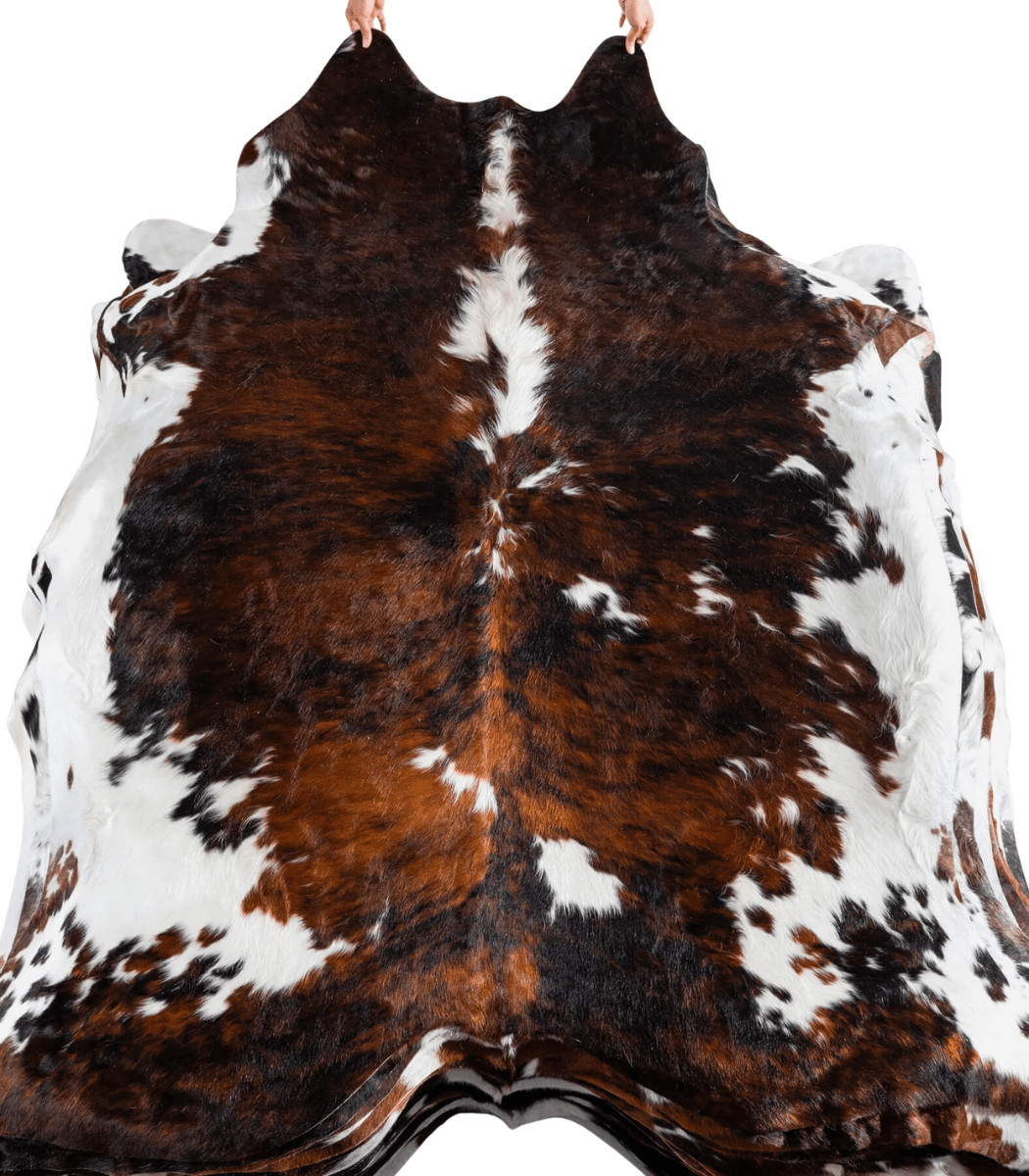 1 Tricolor Brindle Mix Cowhide Rug Size 7'5 L x 6'7 W 8223 - Image 1