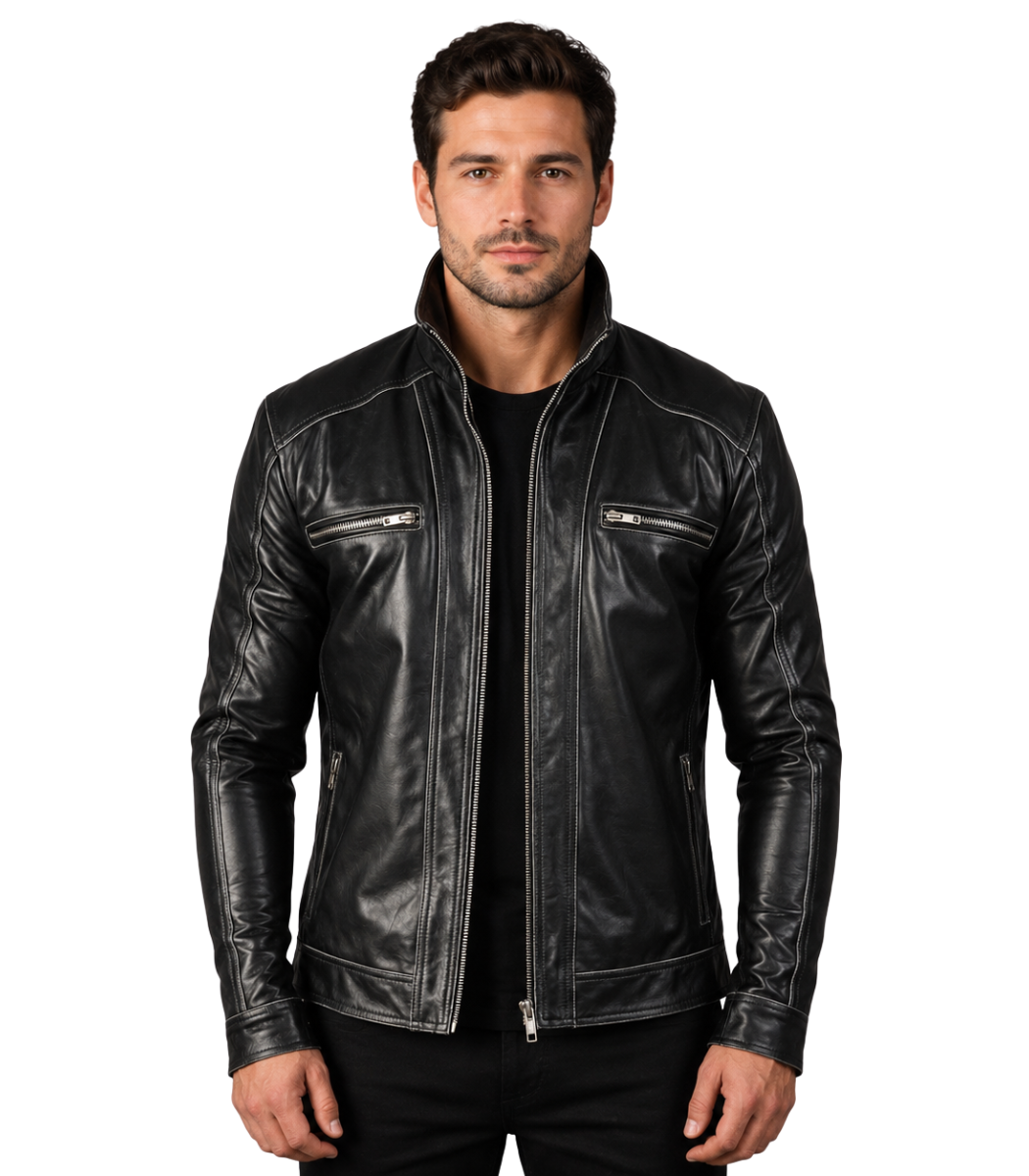 1 Men's Black Leather Biker Jacket – Sigurd - Image 1
