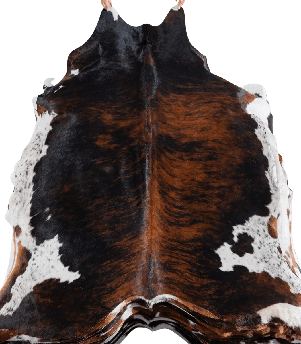 1 Tricolor Brindle Mix Cowhide Rug Size 7'10 L x 6'9 W 8206 - Image 1