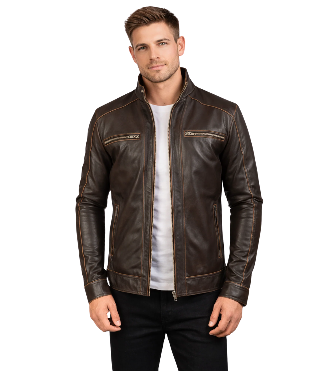 1 Hudson Brown Leather Biker Jacket - Image 1