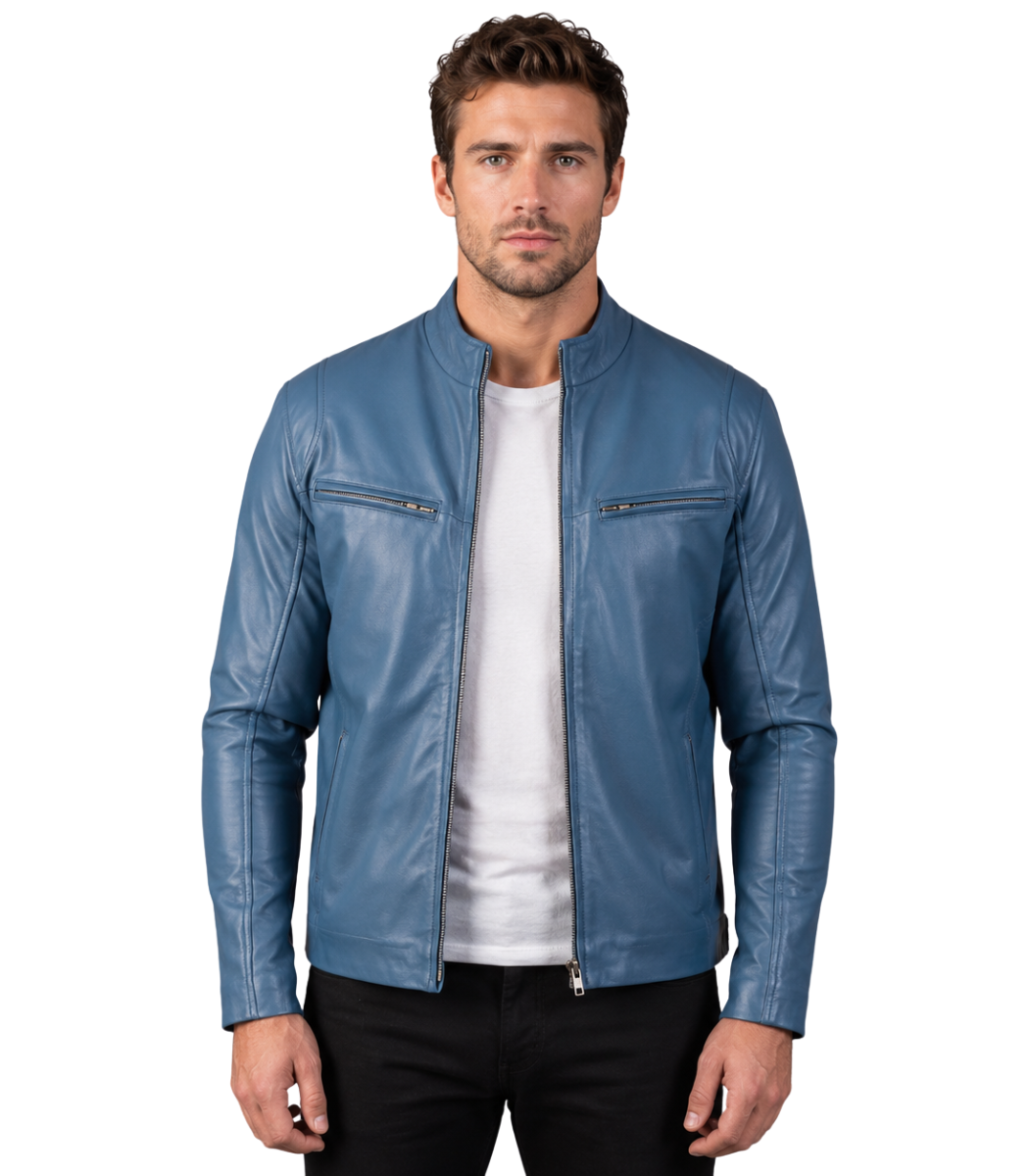 1 Ionic Blue Leather Biker Jacket - Image 1