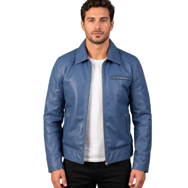 Men's Blue Leather Biker Jacket - Kasper