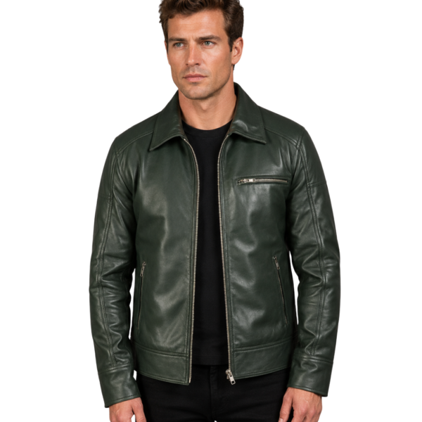 Men's Green Leather Biker Jacket - Kasper