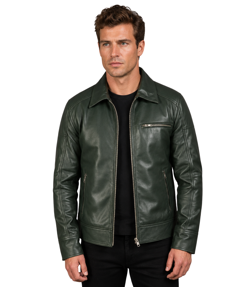1 Lavendard Green Leather Biker Jacket - Image 1
