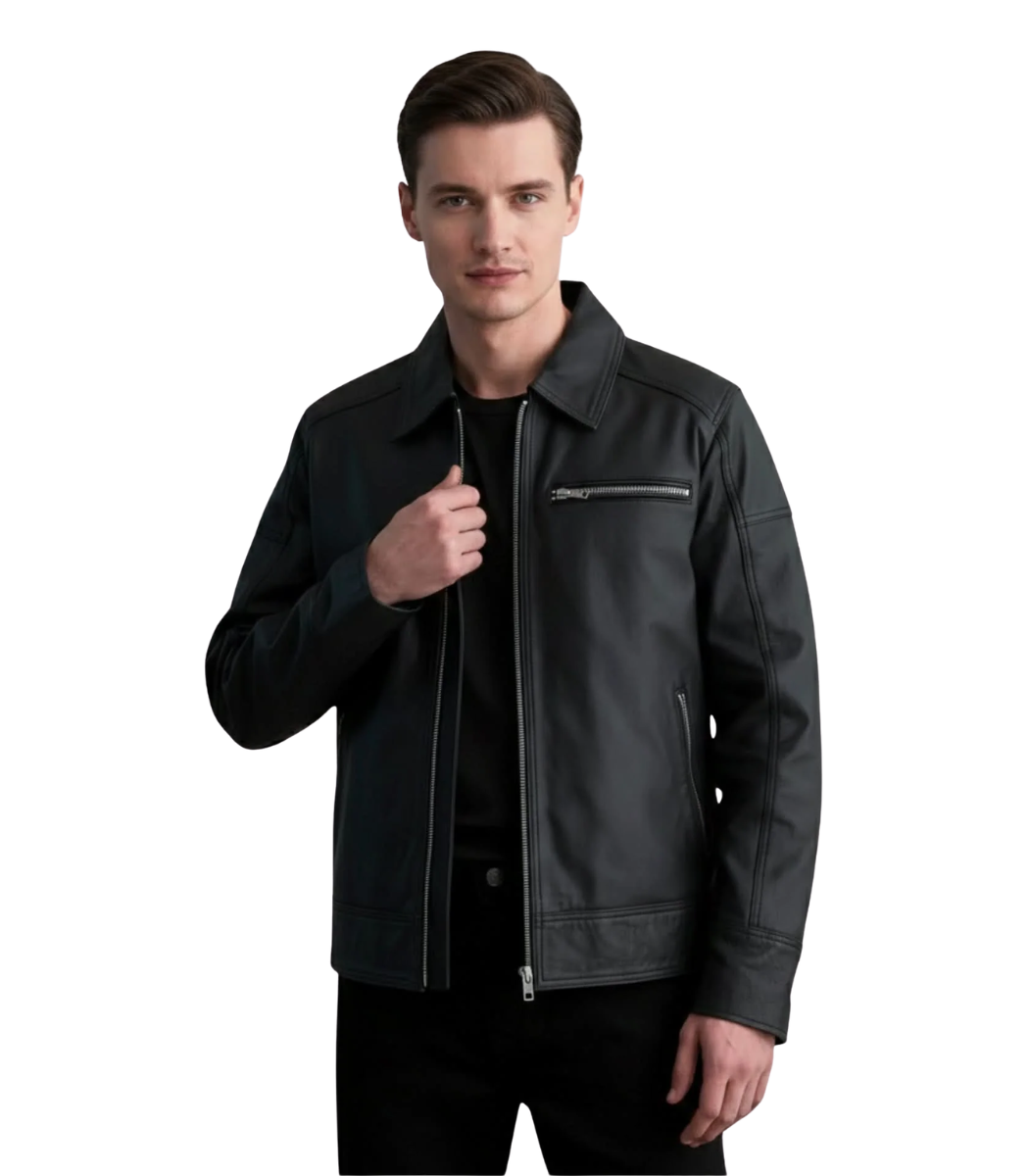 1 Lavendard Matte Black Leather Biker Jacket - Image 1