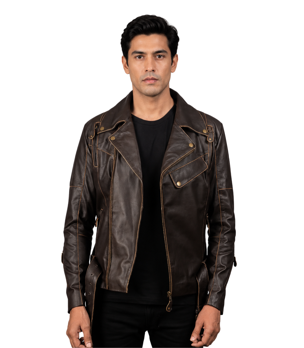 1 Men's Brown Leather Biker Jacket - Ludvig - Image 1