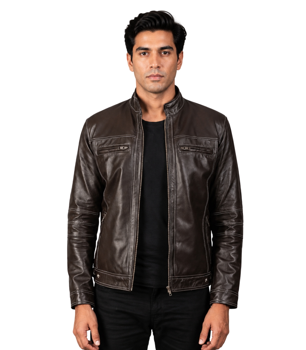 1 Men's Brown Leather Biker Jacket - Rolf - Image 1