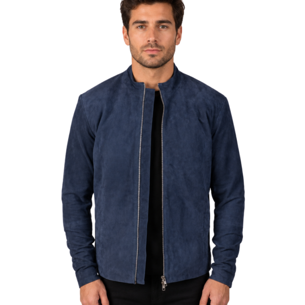 Men's Navy Blue Suede Biker Jacket - Hakon