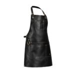 Black leather apron with multiple pockets and brass hardware