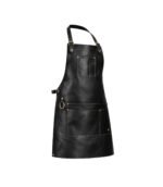 Black leather apron with multiple pockets and brass hardware